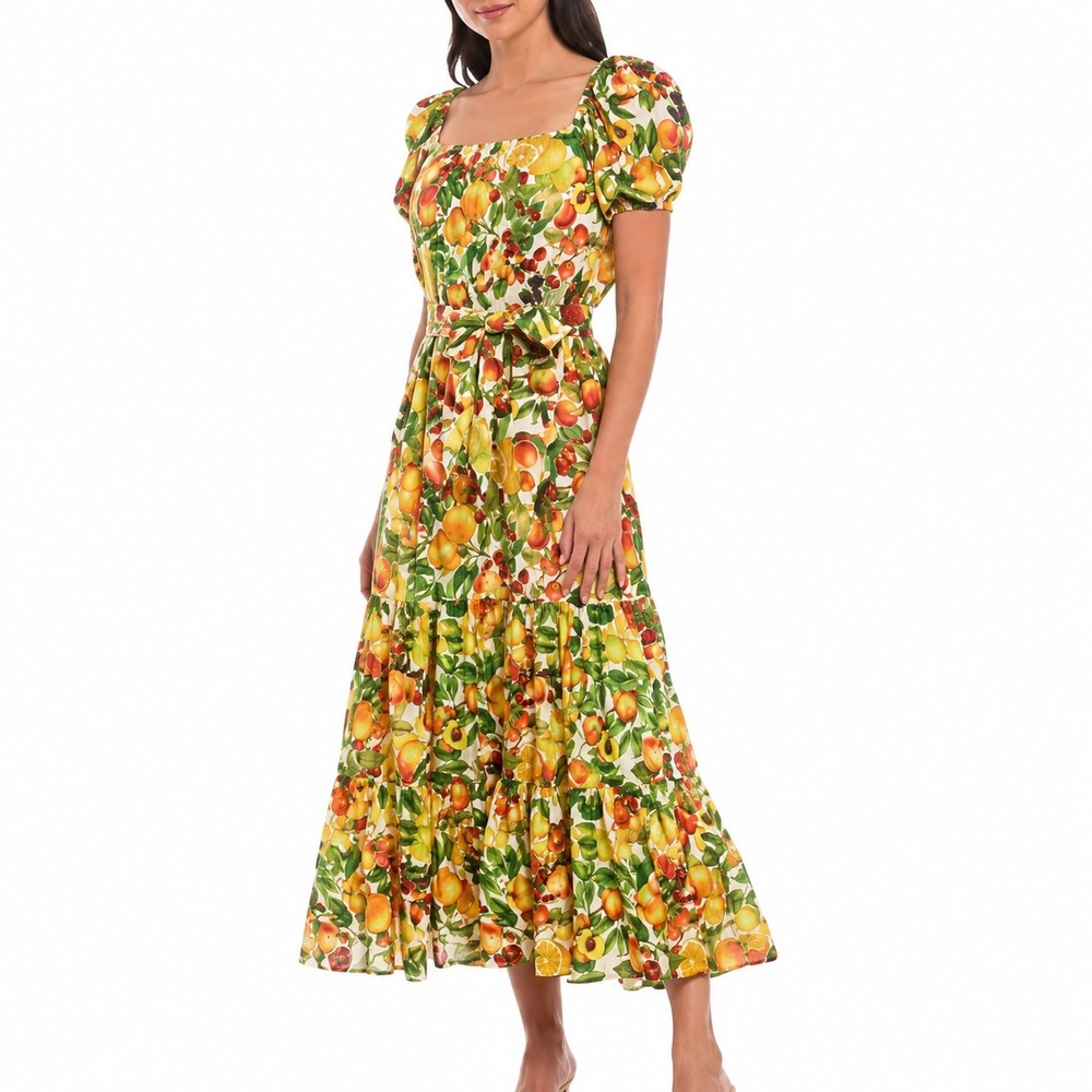 Antonio Melani Charlotte Dress Fruit Print Cotton Tiered Maxi Puff Sleeve 12